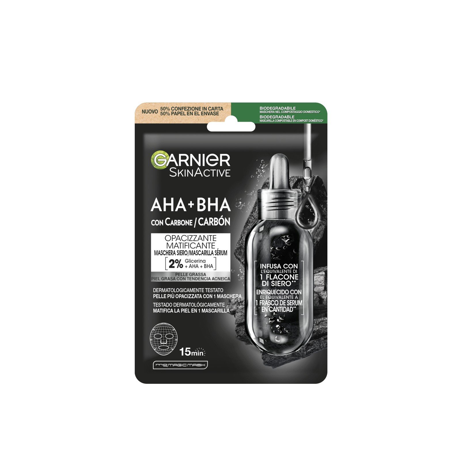 Garnier Skin Active AHA + BHA Tuchmaske für das Gesicht mit Aktivkohle 28g — product photo