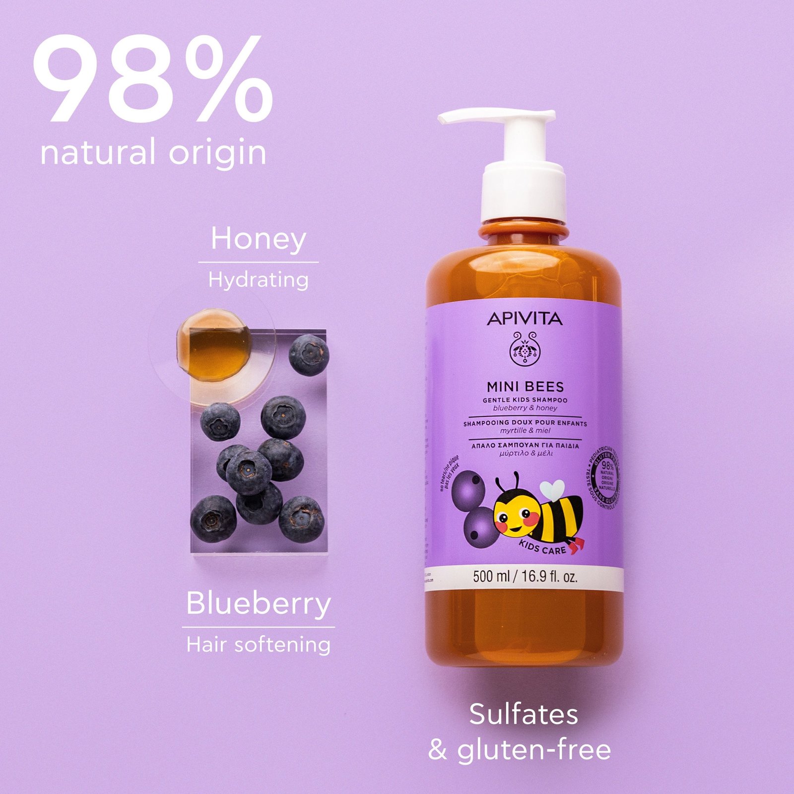 APIVITA Mini Bees Gentle Kids Shampoo Blueberry & Honey 500ml
