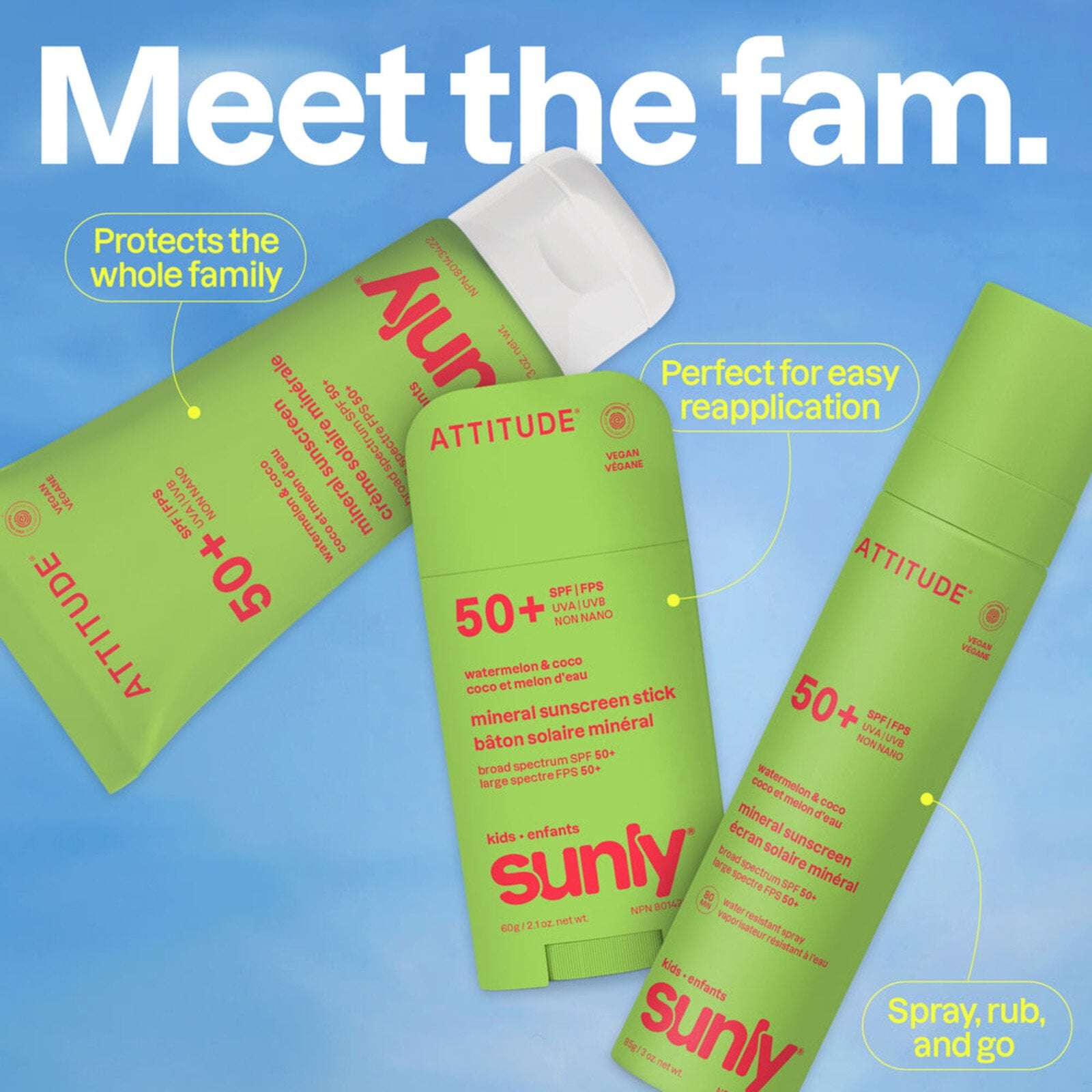 ATTITUDE Kids Sunly Barra Solar Mineral Sandía & Coco SPF50 60g