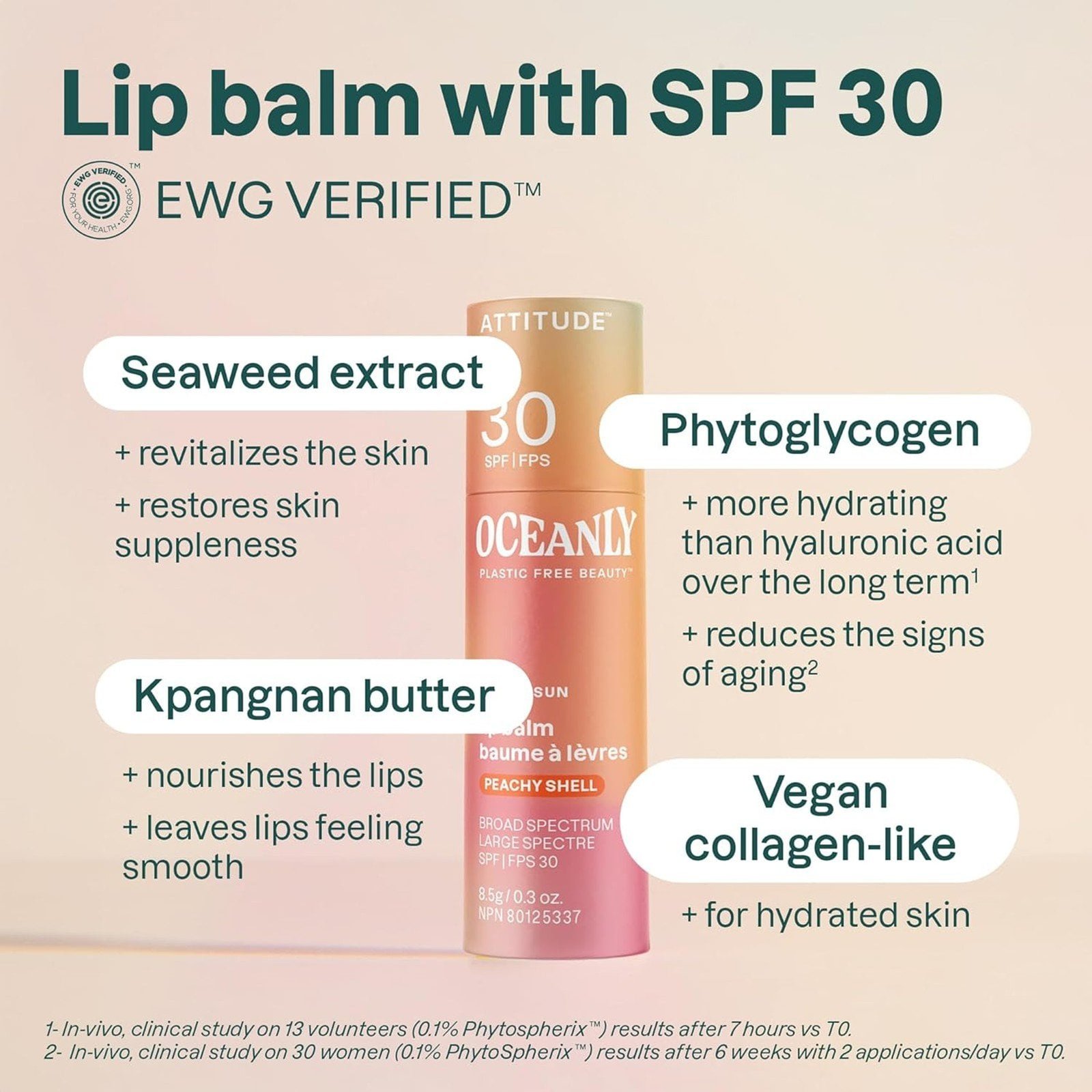 ATTITUDE Oceanly Lip Balm SPF30 Peachy Shell 8.5g