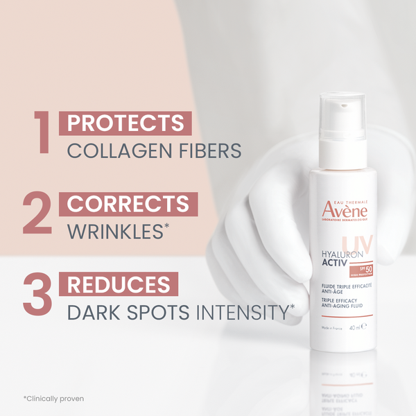 Avène هيالورون أكتيف أكتيف للأشعة فوق البنفسجية ثلاثي الفعالية المضاد للشيخوخة سائل مضاد للشيخوخة بعامل حماية من الشمس SPF50 40 مل