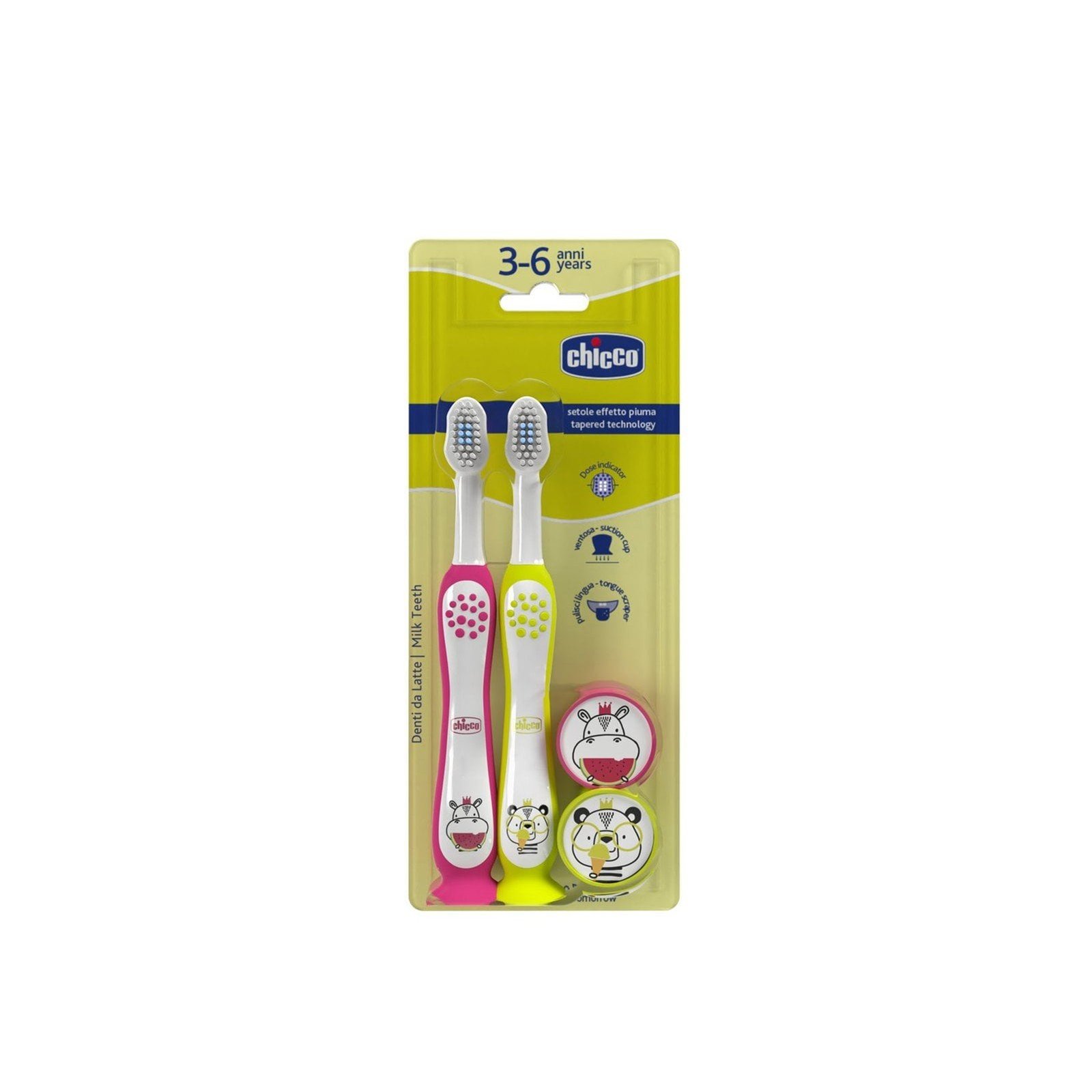 Chicco Milk Teeth Toothbrush 3-6 Years Hippo/Panda x2