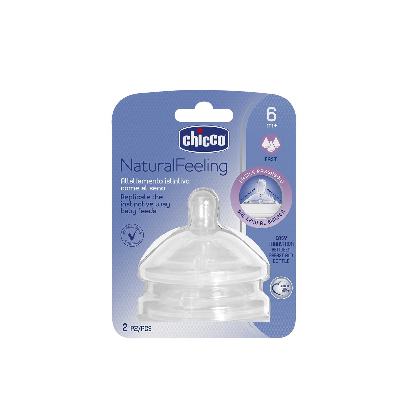 Chicco Natural Feeling Silicone Nipple Fast Flow 6m+ x2