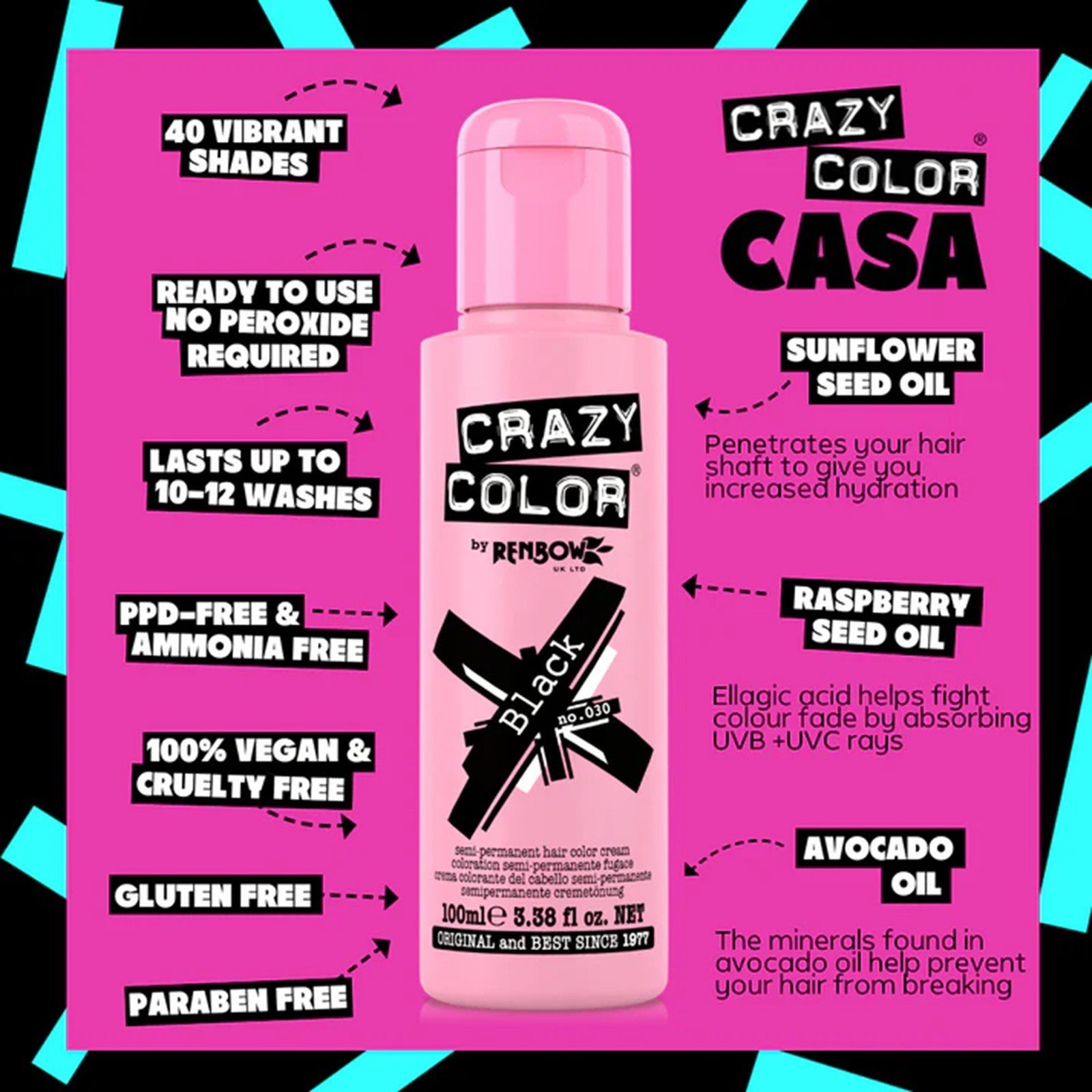 Crazy Color Semi-Permanent Hair Color Cream 030 Black 100ml