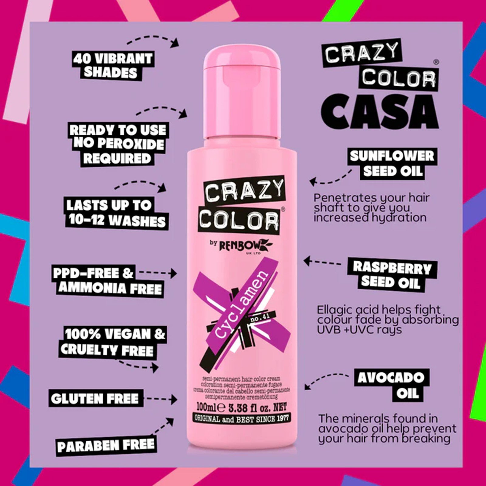 Crazy Color Semi-Permanent Hair Color Cream 41 Cyclamen 100ml (3.38floz)