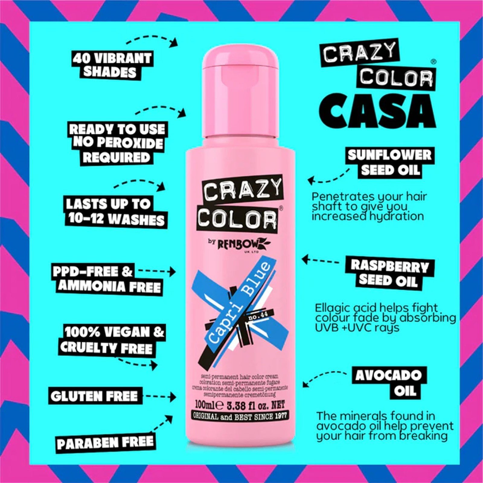 Crazy Color Semi-Permanent Hair Color Cream 44 Capri Blue 100ml (3.38floz)