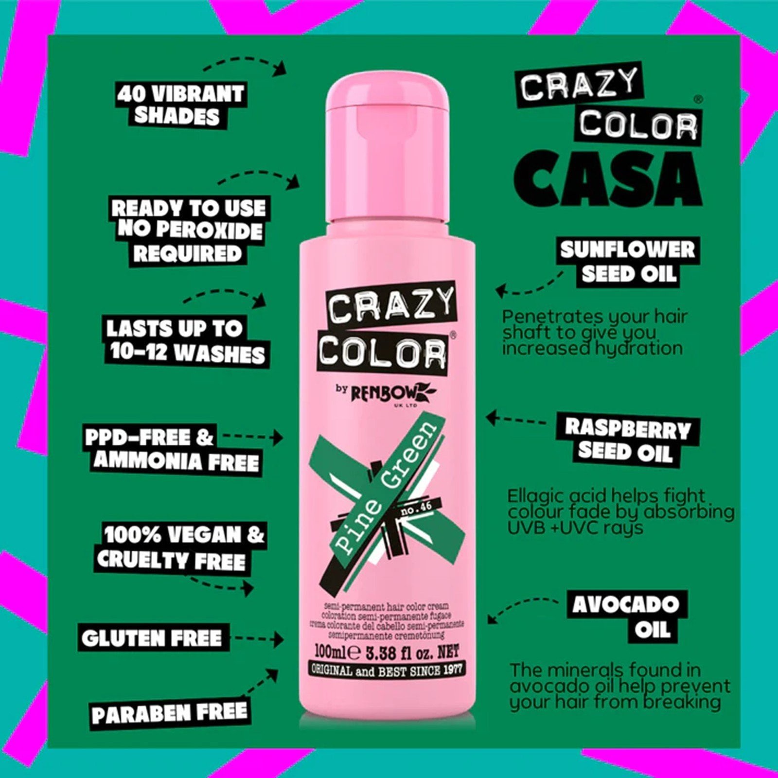 Crazy Color Semi-Permanent Hair Color Cream 46 Pine Green 100ml (3.38floz)