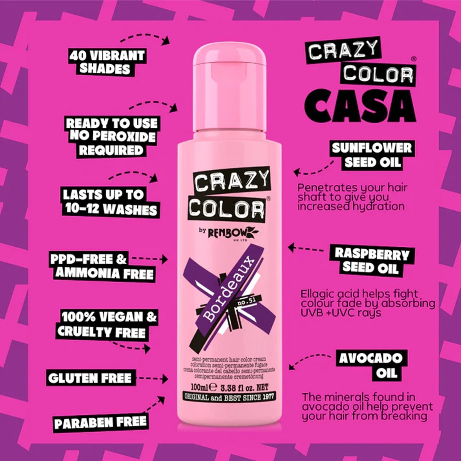 Crazy Color Semi-Permanent Hair Color Cream 51 Bordeaux 100ml