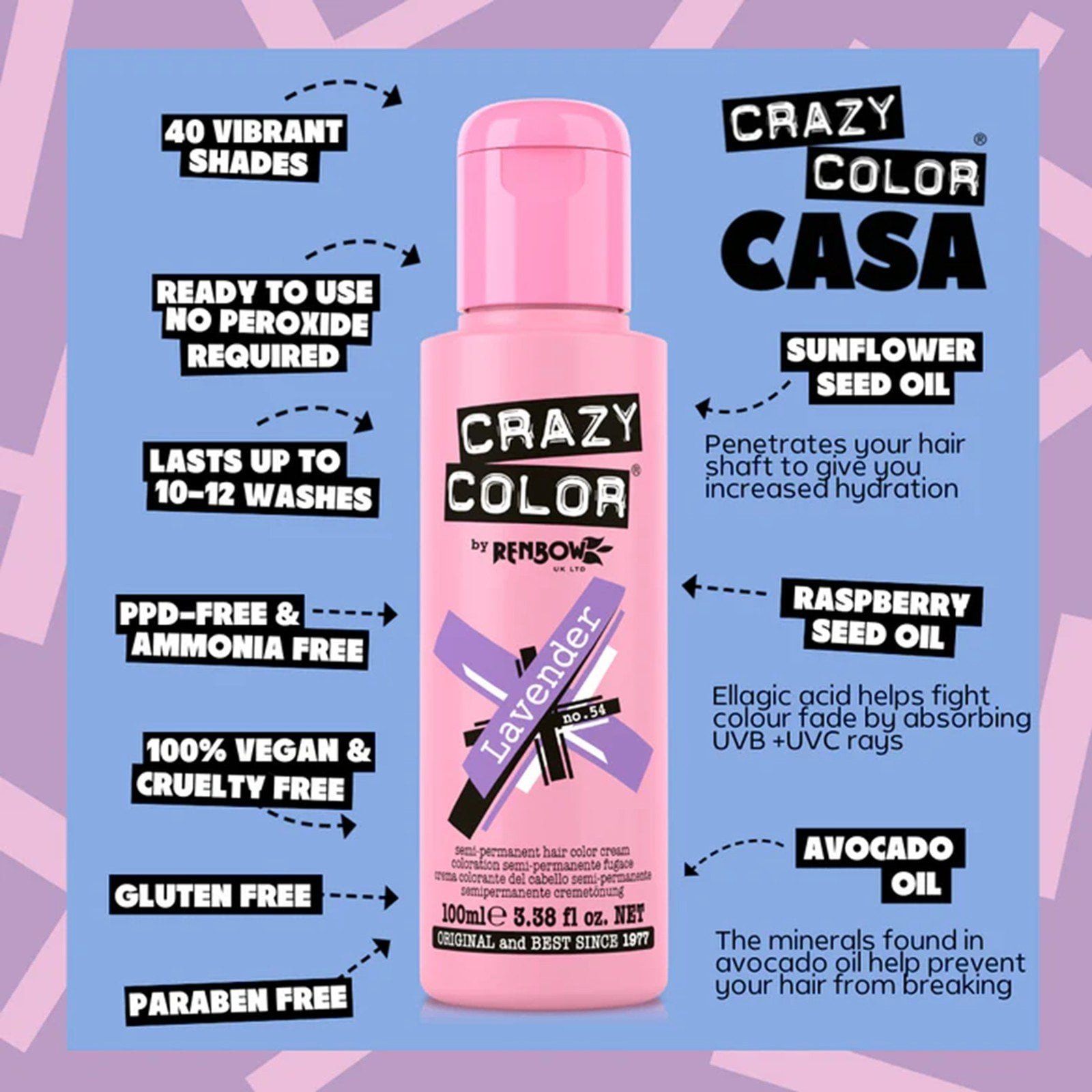 Crazy Color Semi-Permanent Hair Color Cream 54 Lavender 100ml