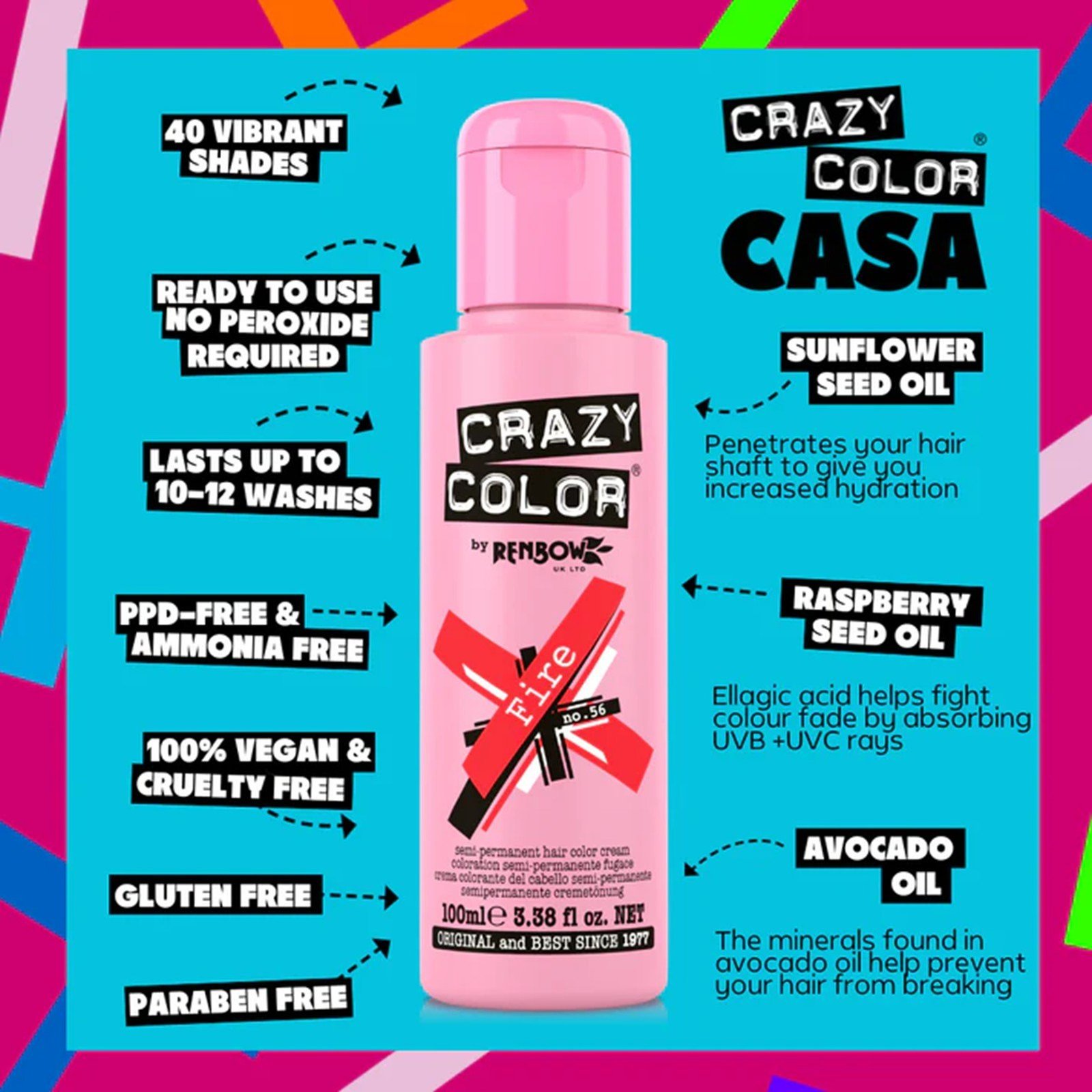 Crazy Color Semi-Permanent Hair Color Cream 56 Fire 100ml (3.38floz)