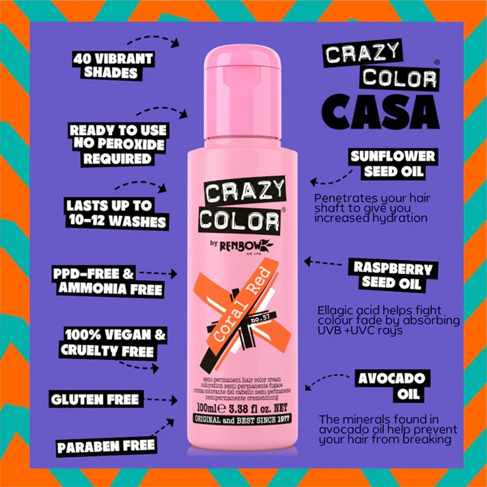 Crazy Color Semi-Permanent Hair Color Cream 57 Coral Red 100ml