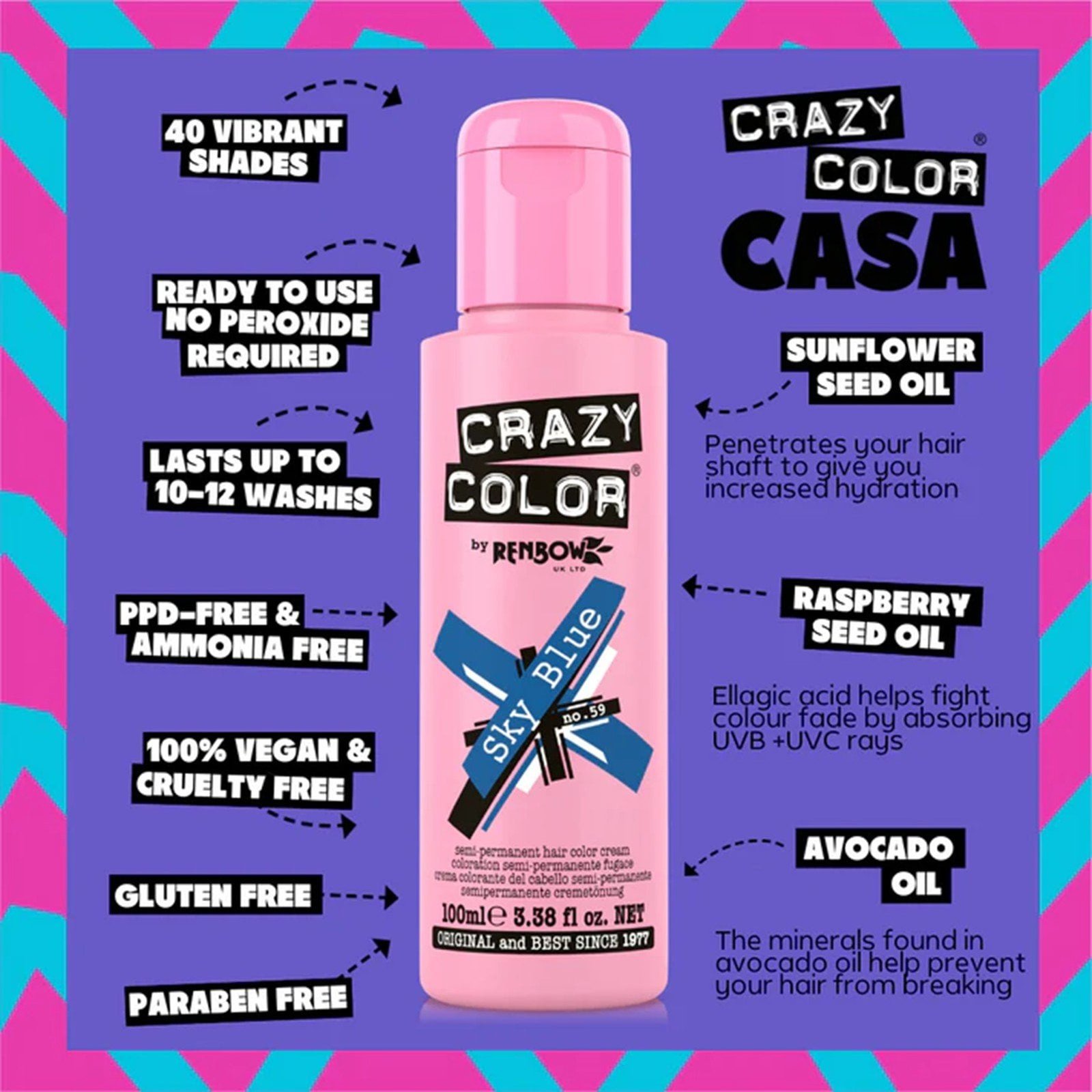 Crazy Color Semi-Permanent Hair Color Cream 59 Sky Blue 100ml