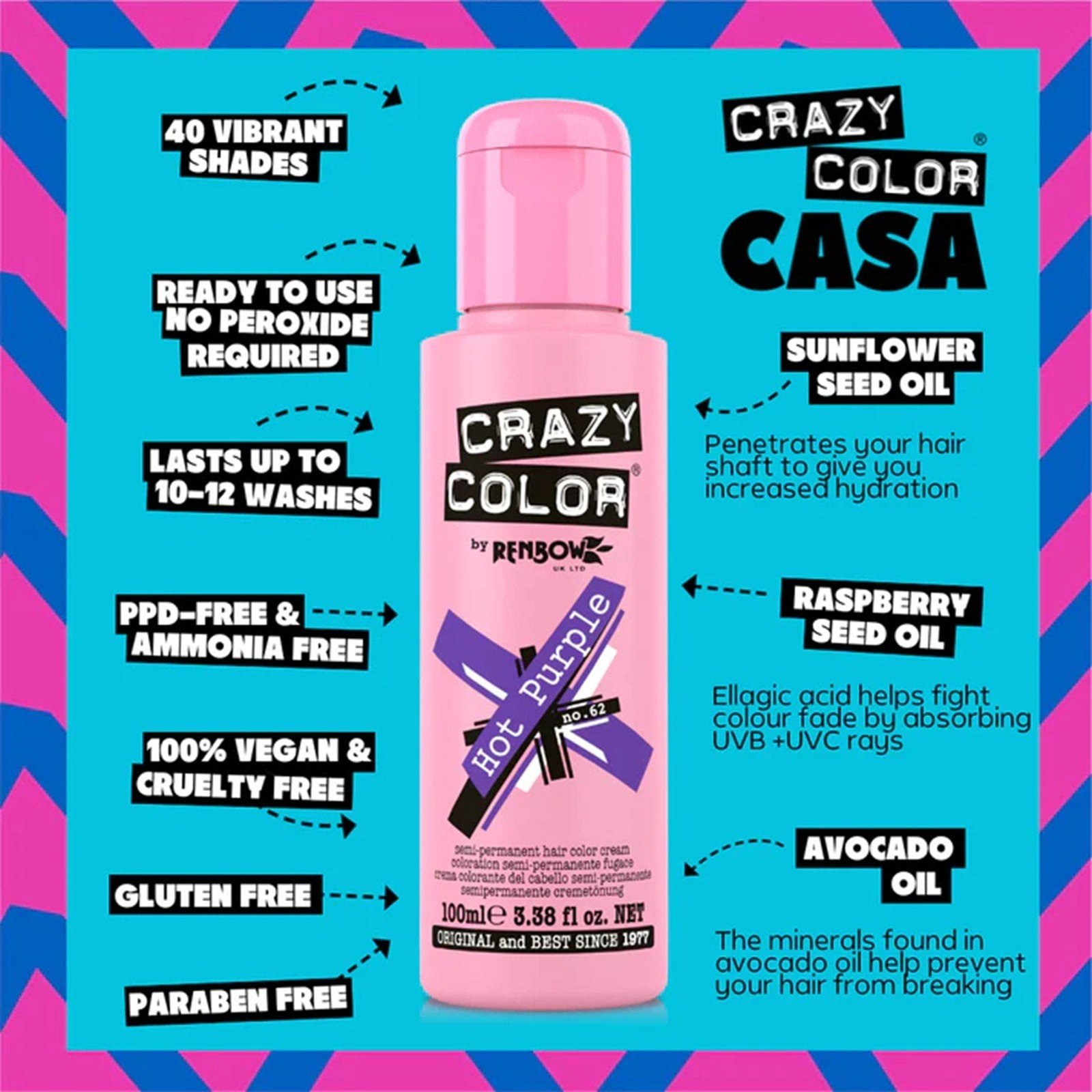 Crazy Color Semi-Permanent Hair Color Cream 62 Hot Purple 100ml