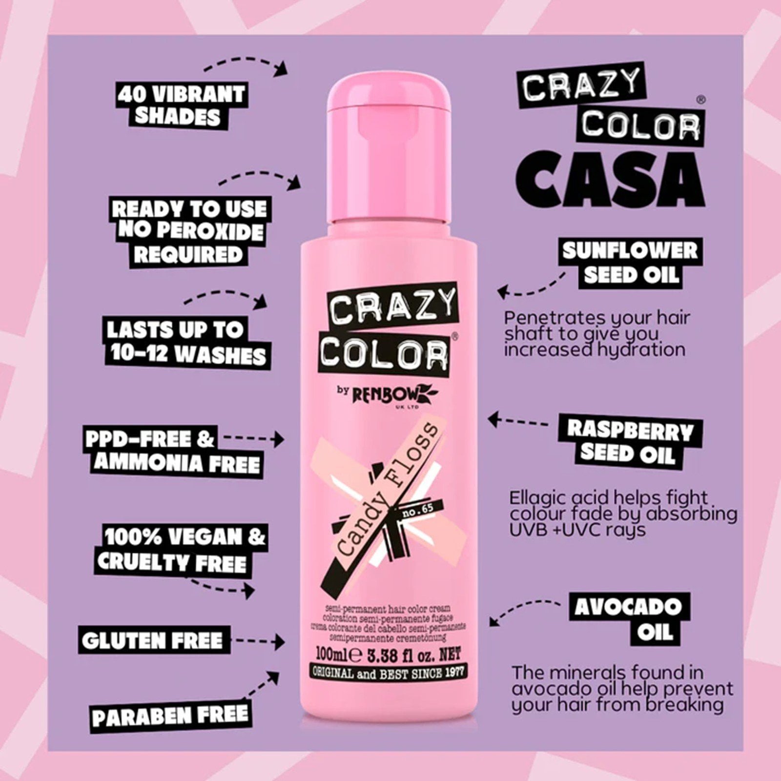 Crazy Color Semi-Permanent Hair Color Cream 65 Candy Floss 100ml