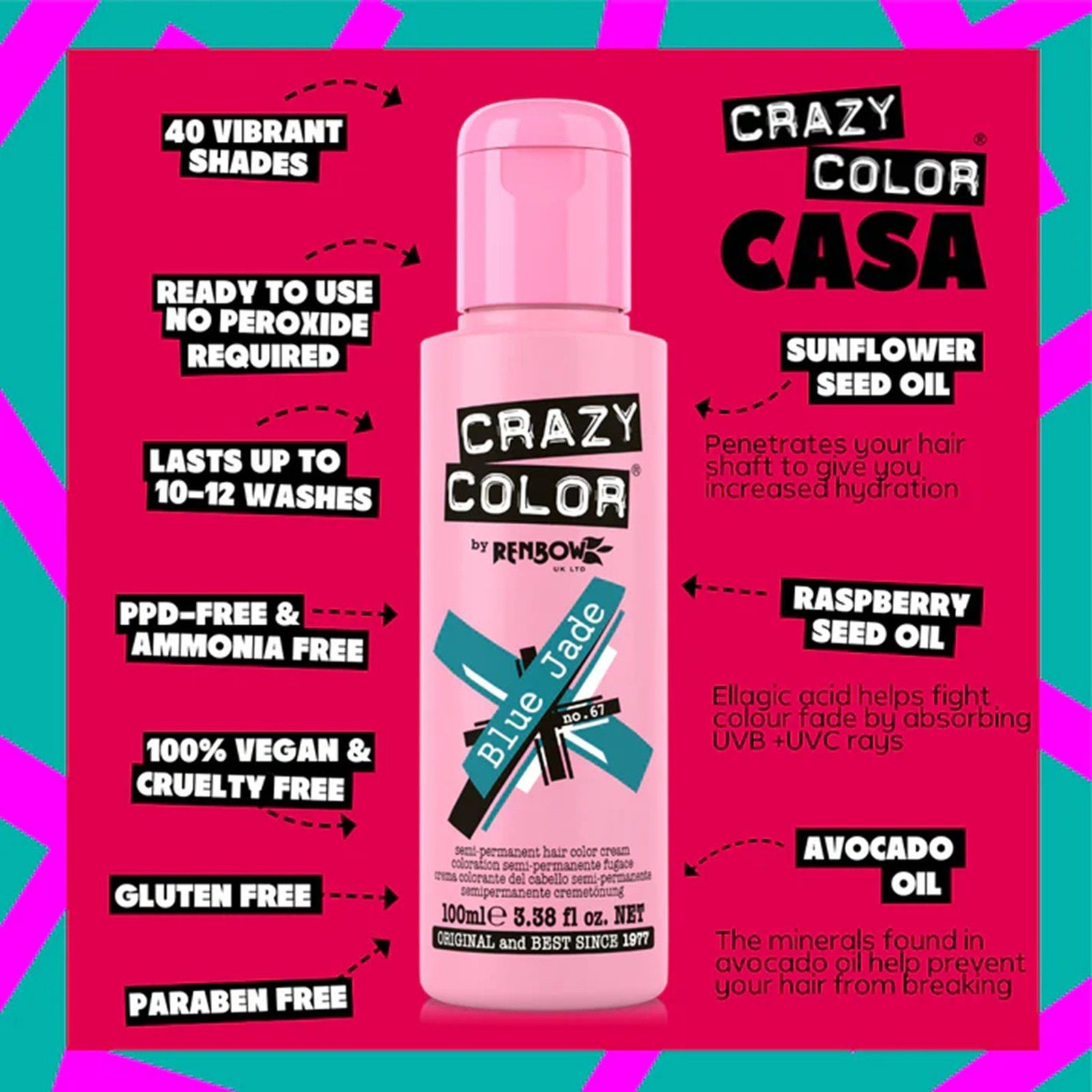 Crazy Color Semi-Permanent Hair Color Cream 67 Blue Jade 100ml