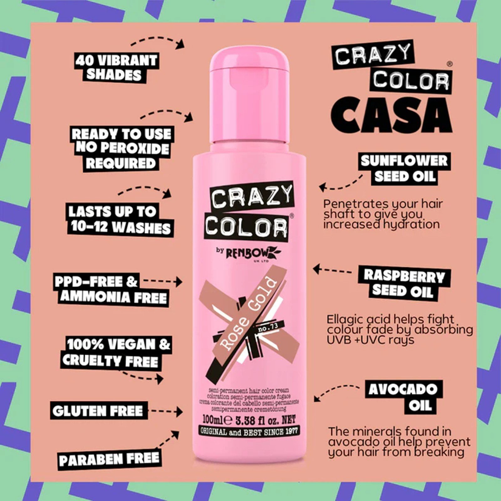 Crazy Color Semi-Permanent Hair Color Cream 73 Rose Gold 100ml