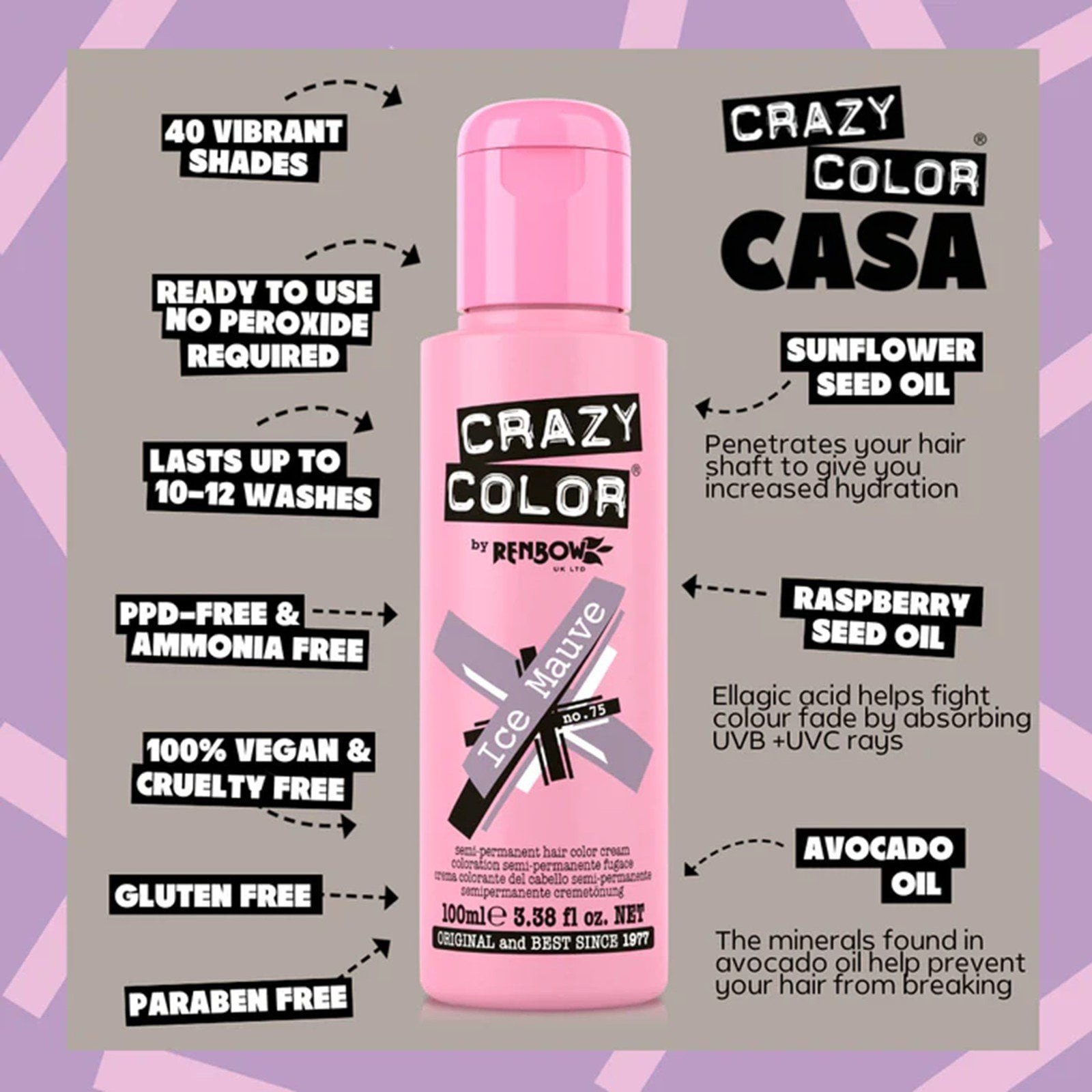 Crazy Color Semi-Permanent Hair Color Cream 75 Ice Mauve 100ml