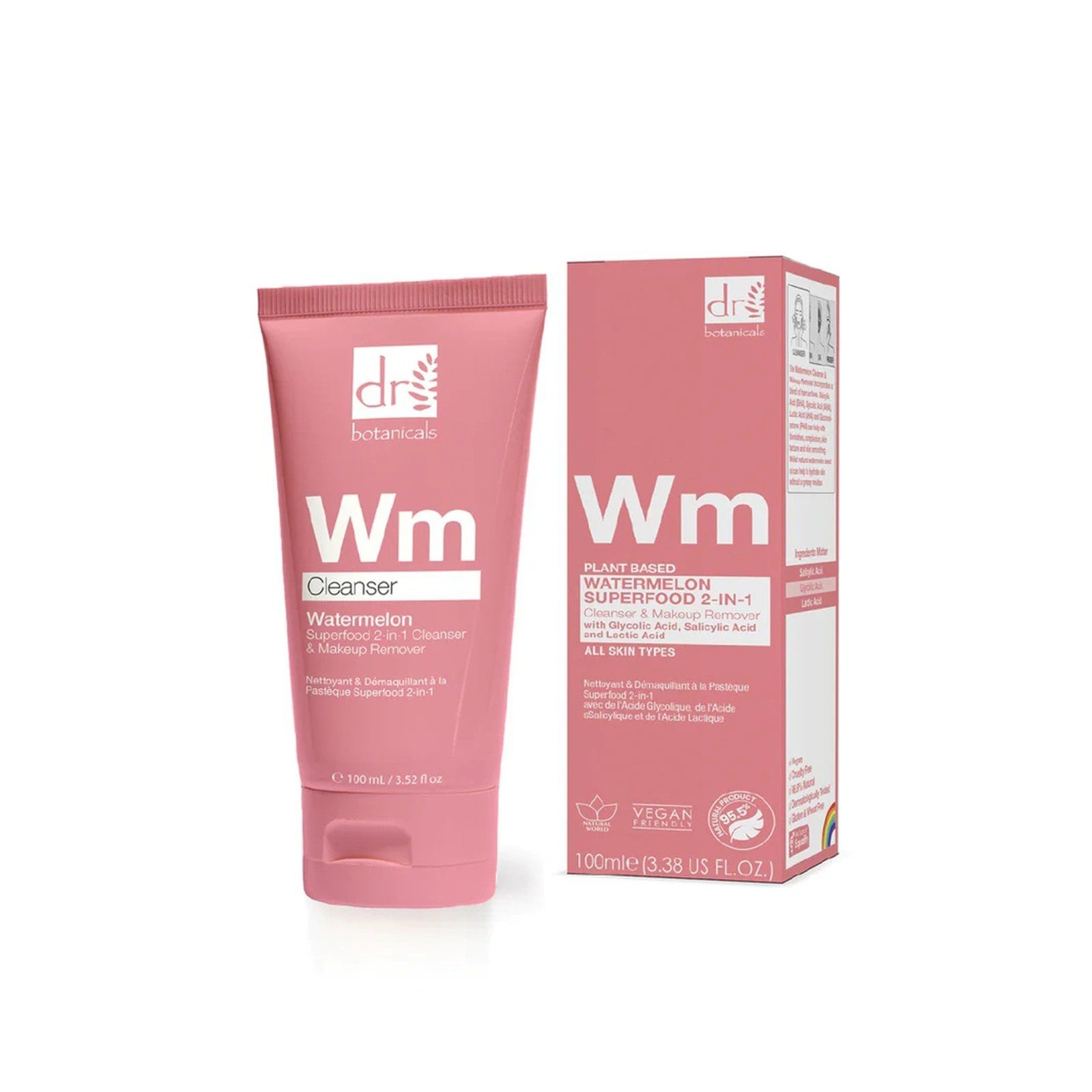 Dr. Botanicals Watermelon Superfood 2-In-1 Cleanser & Makeup Remover with Glycolic Acid, Salicylic Acid & Lactic Acid 100ml