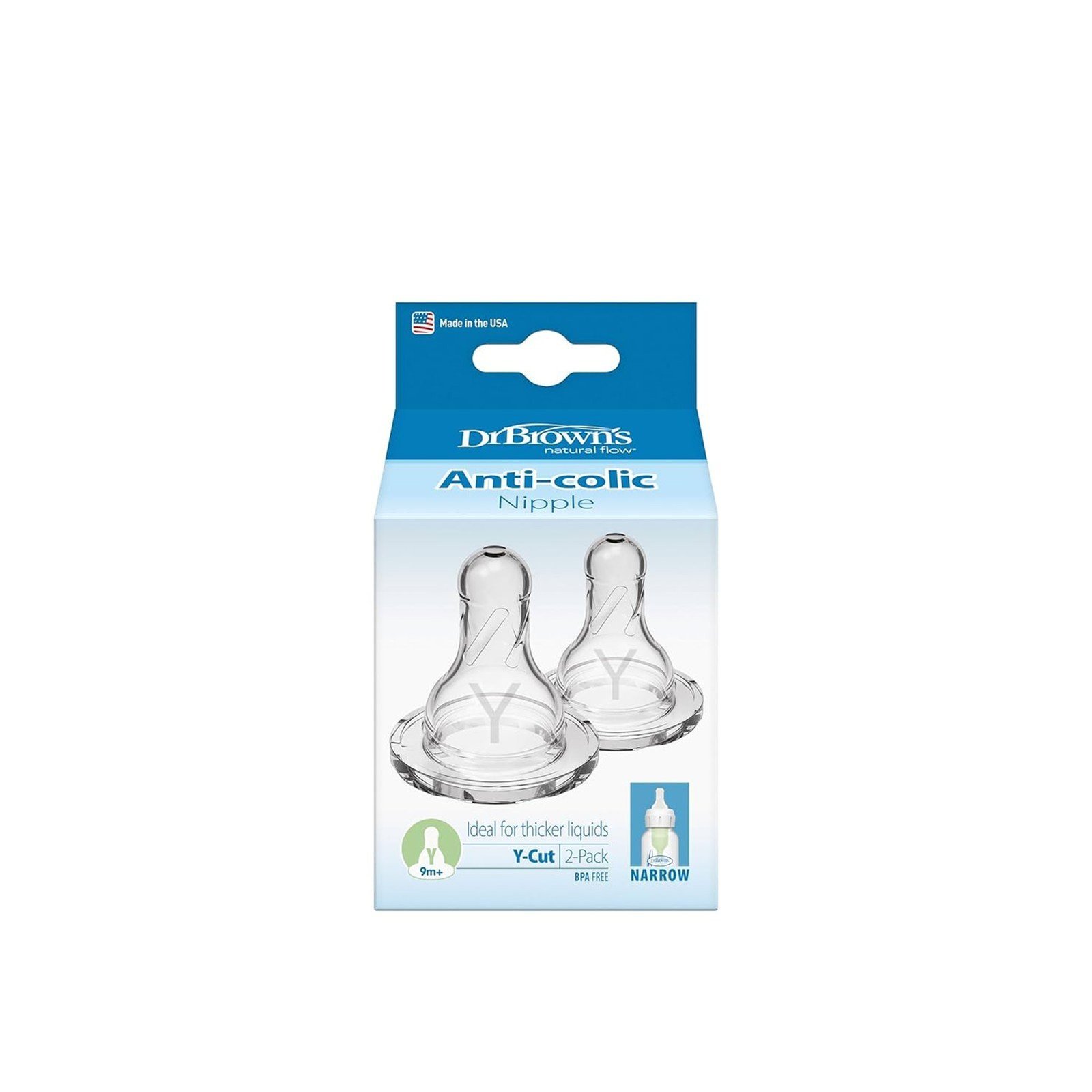 Dr. Brown's Fast Flow Y-Cut Narrow Baby Bottle Silicone Nipple 9m+ x2