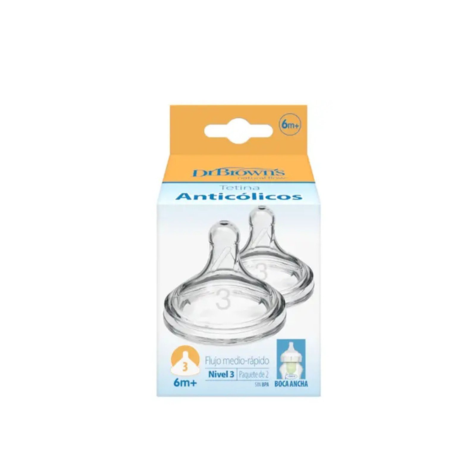 Dr. Brown's Options+ Medium-Fast Flow Wide-Neck Bottle Silicone Nipple 6m+ x2