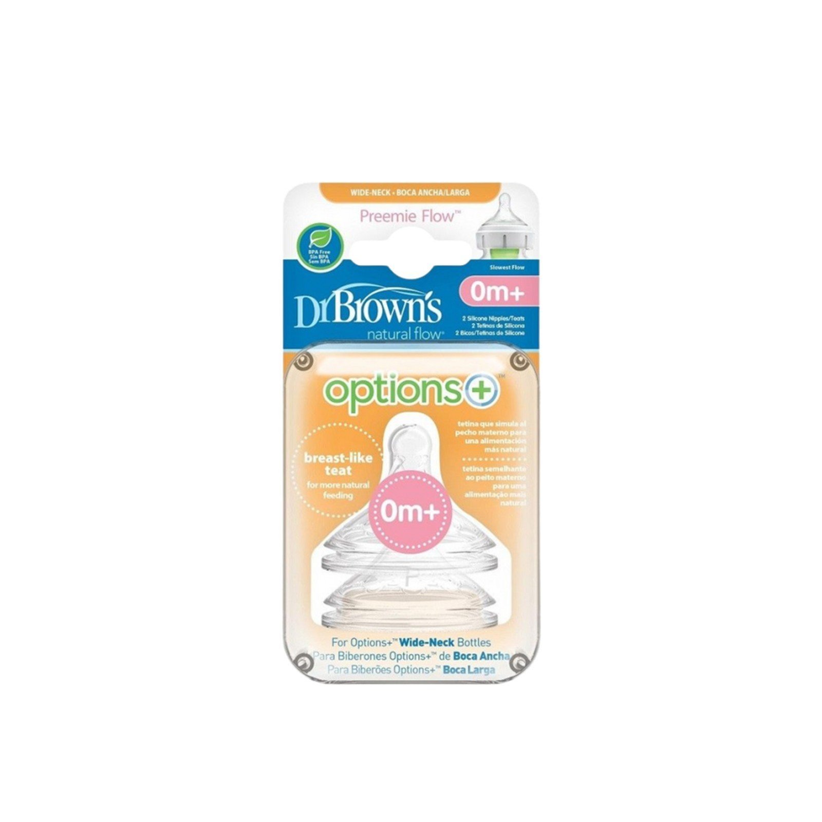 Dr. Brown's Options+ Preemie Flow Wide-Neck Baby Bottle Silicone Nipple 0m+ x2