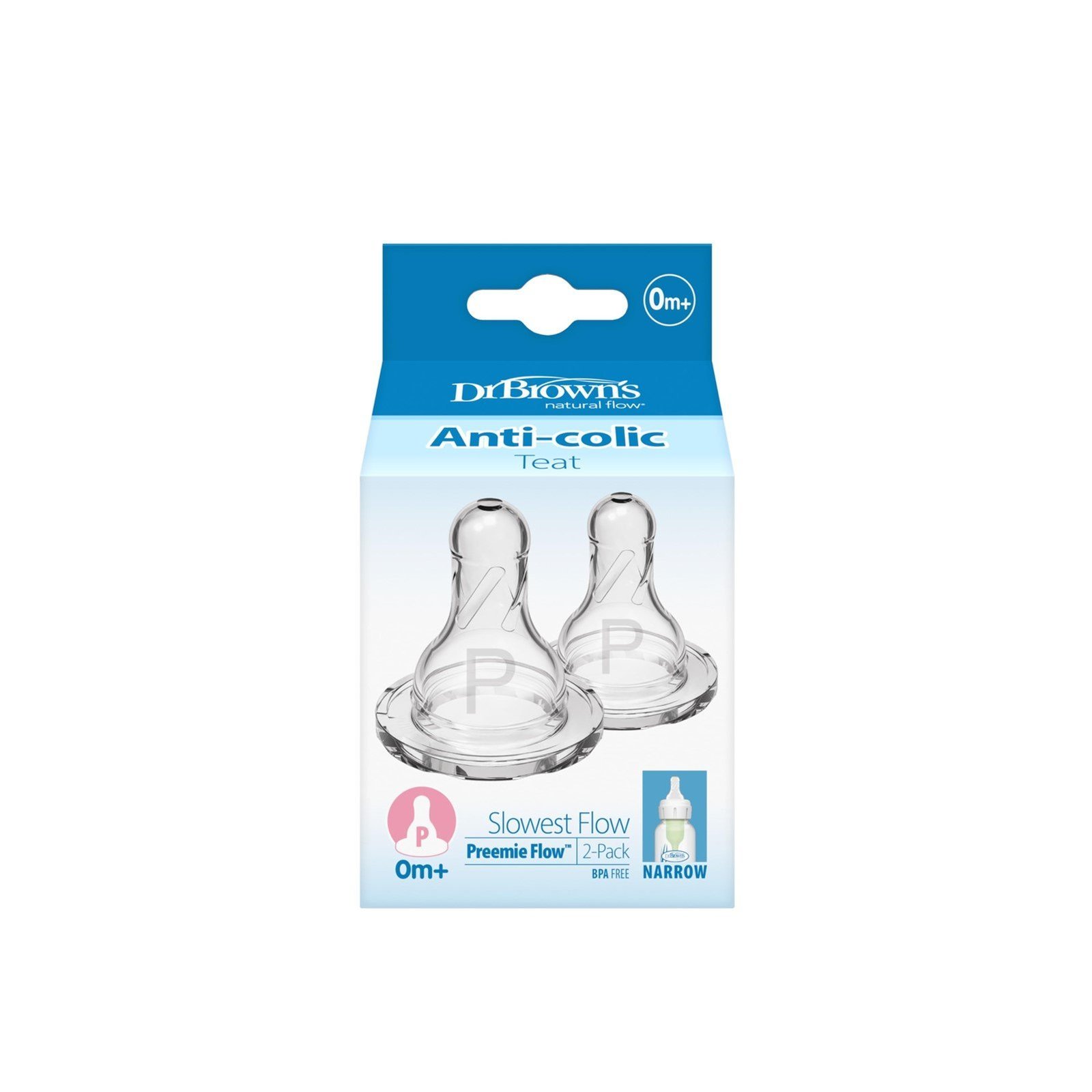 Dr. Brown's Slowest Flow Preemie Narrow Baby Bottle Silicone Nipple 0m+ x2