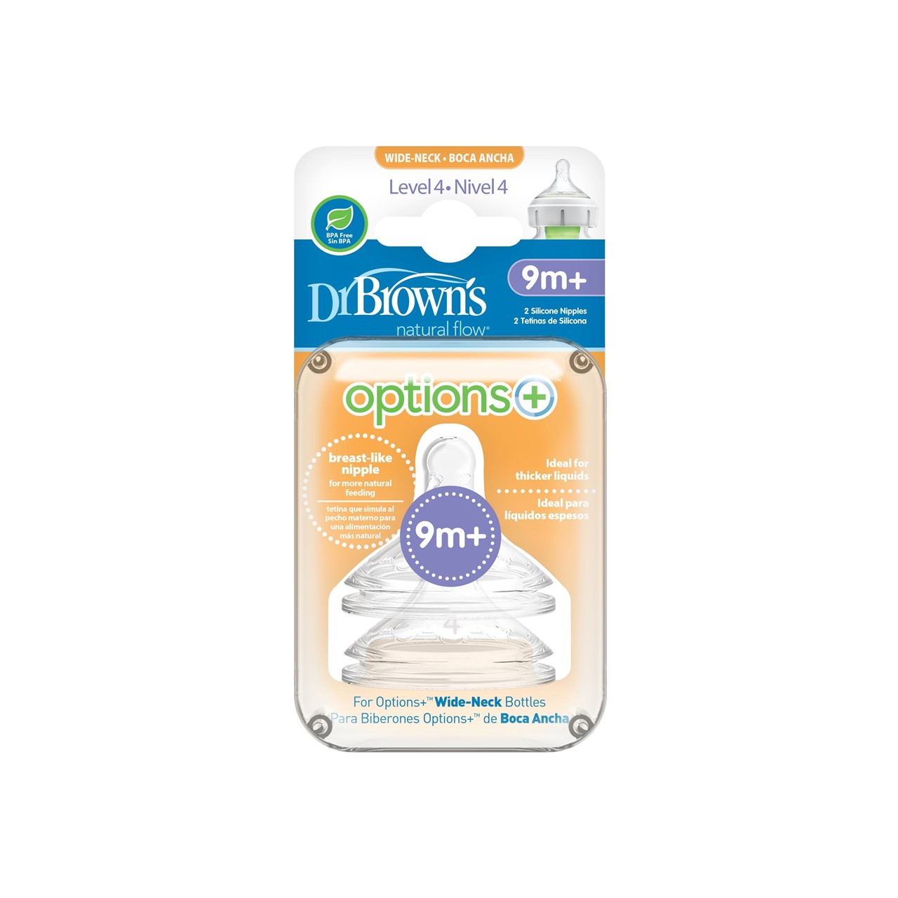 Dr. Brown's Options+ Fast Flow Wide-Neck Baby Bottle Nipple 9m+ x2
