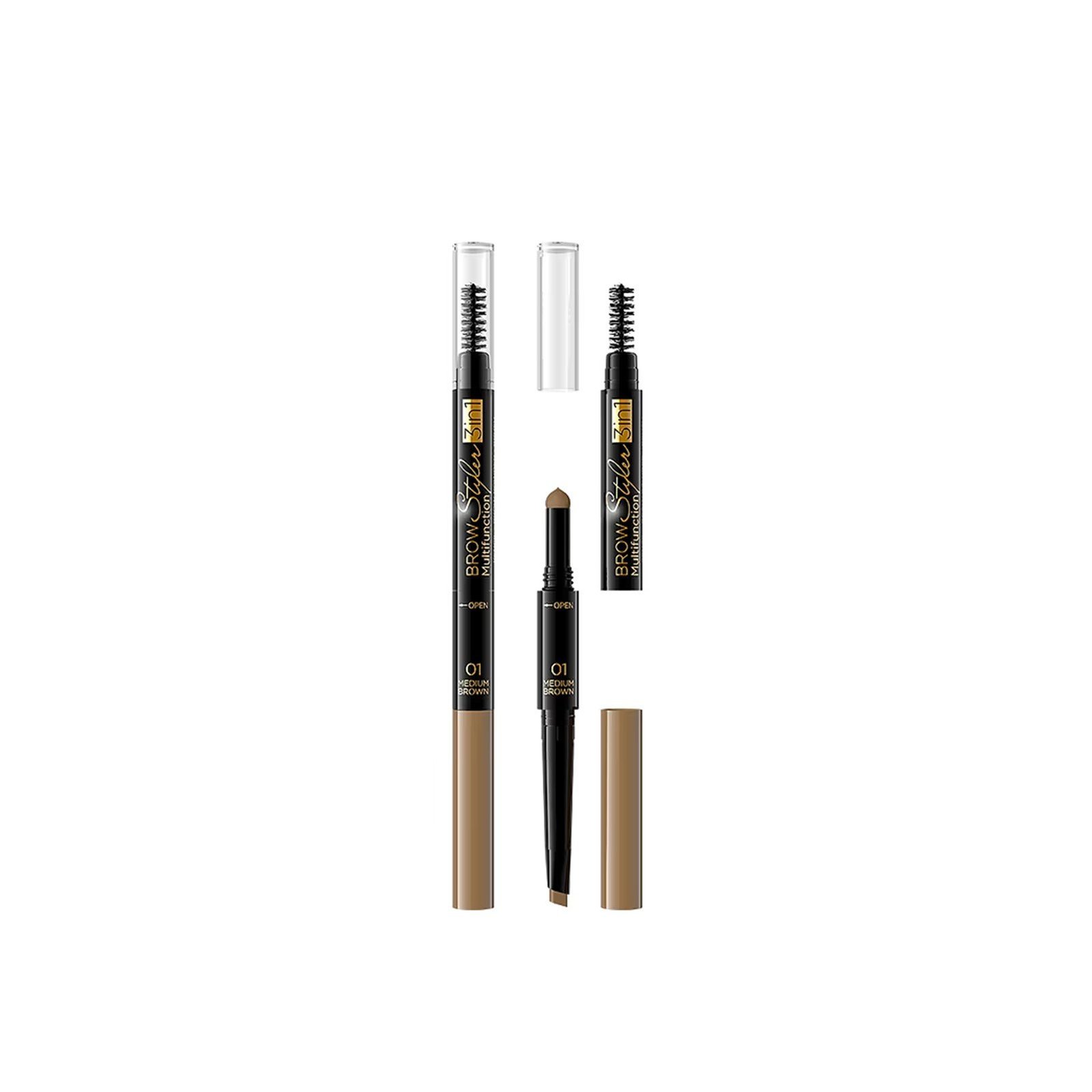 Eveline Cosmetics Brow Styler 3-In-1 Multifunction Brow Pencil 01 Medium Brown