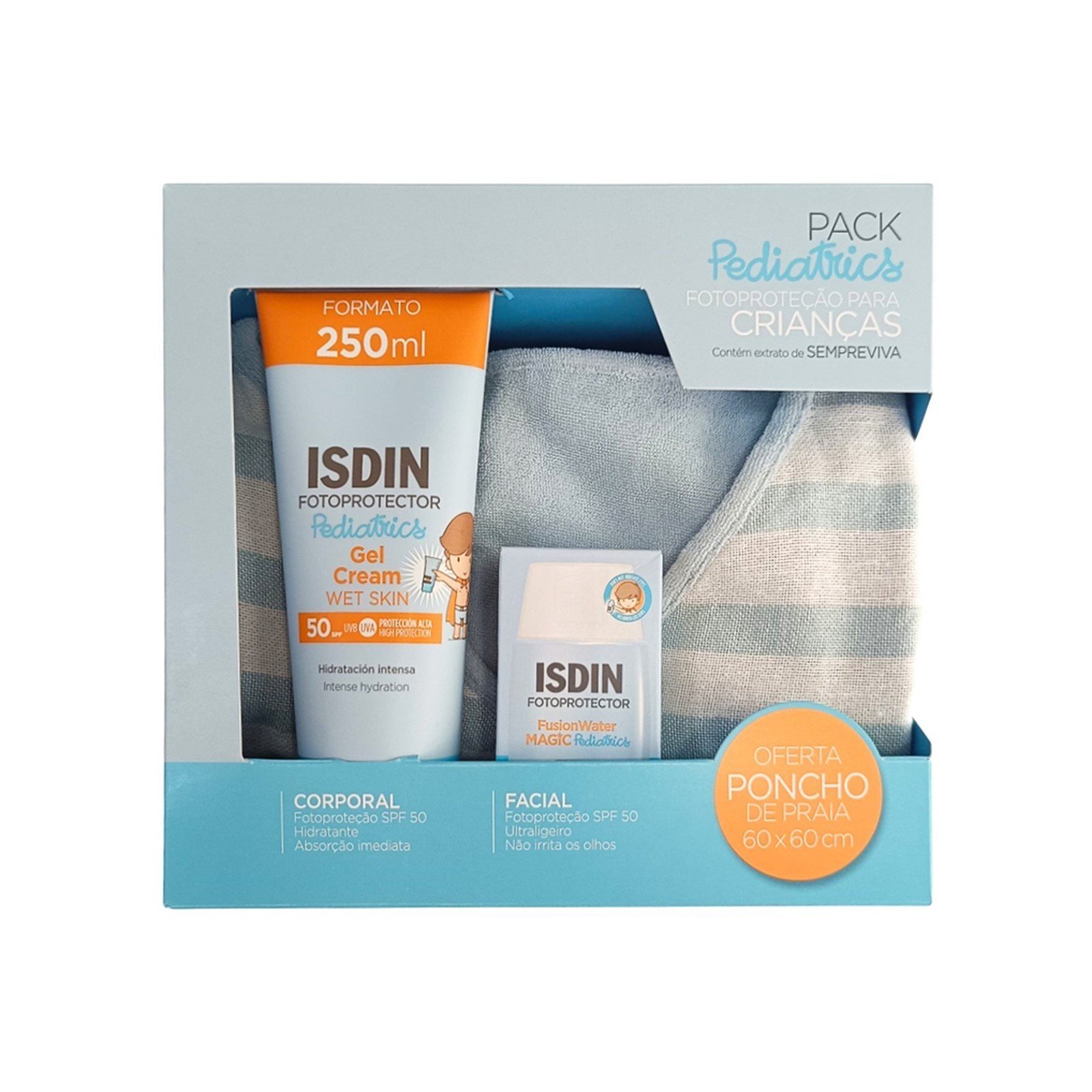 ISDIN Fotoprotector Pediatrics Gel Cream Wet Skin SPF50 250ml + Fusion Water Magic Pediatrics SPF50 50ml + Poncho