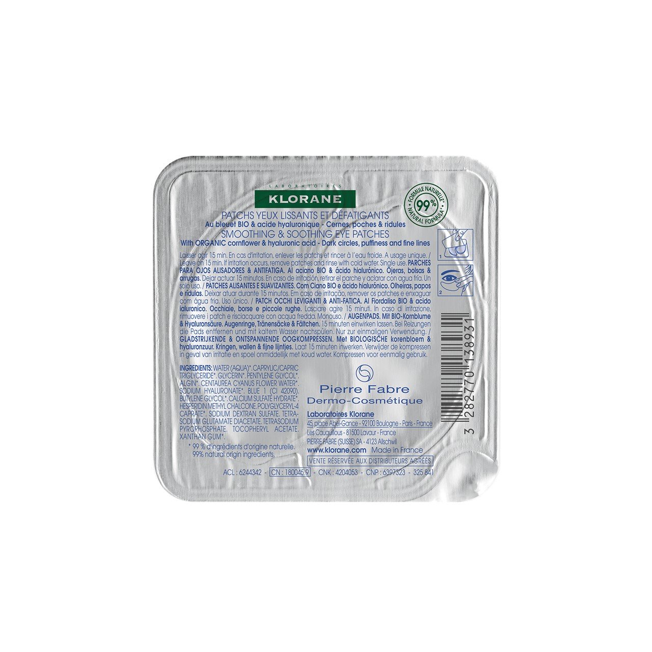 Klorane Smoothing & Soothing Eye Patches with Organic Cornflower 1x2