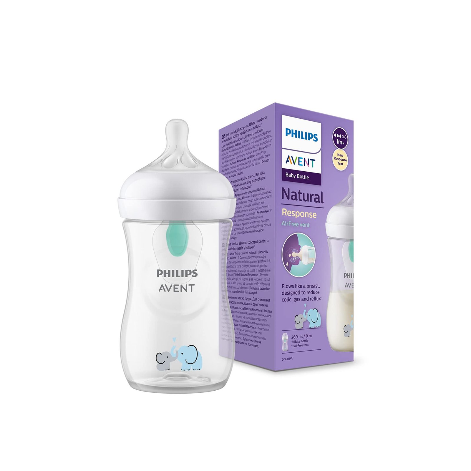 Philips Avent Natural Response AirFree Vent Baby Bottle 1m+ Elephant 260ml