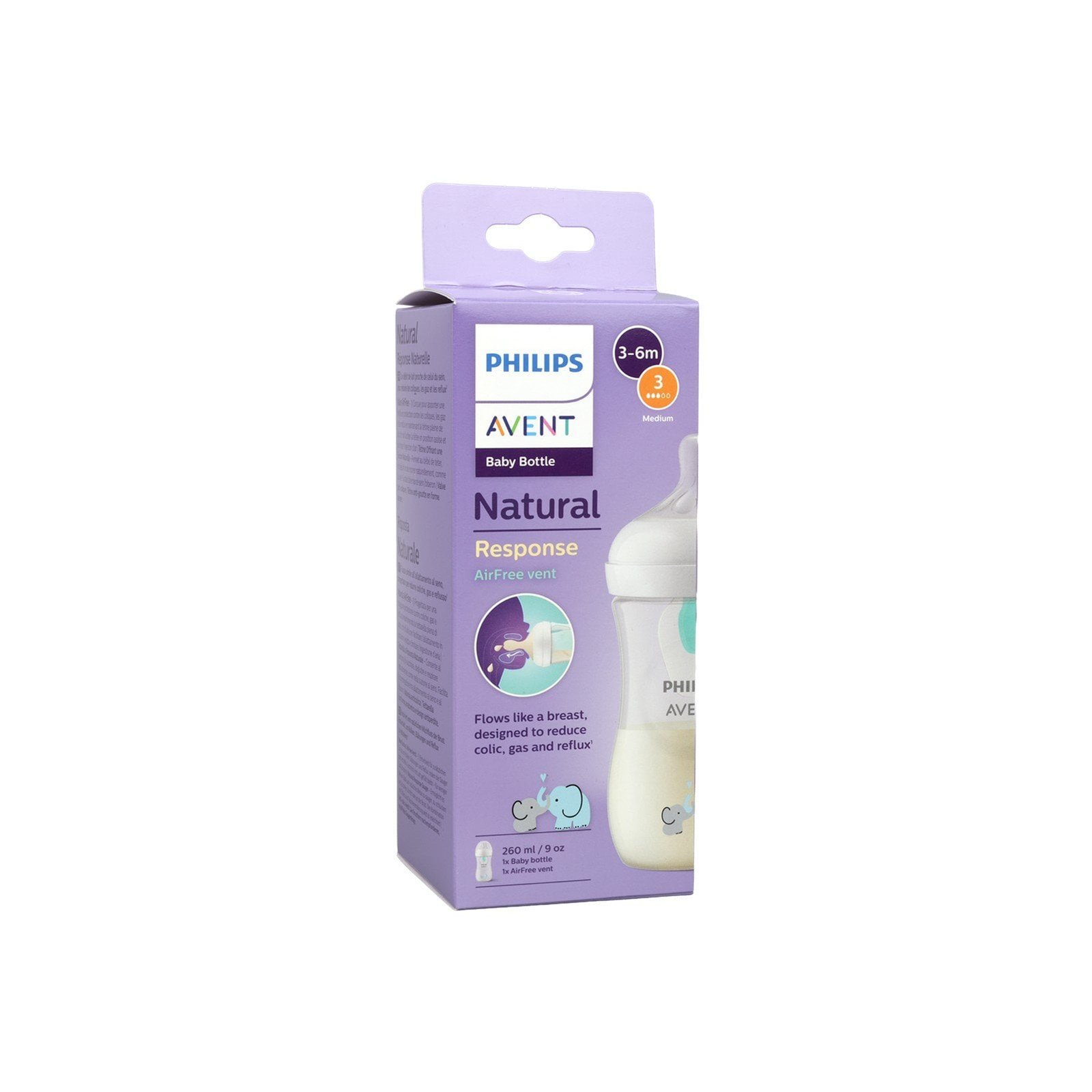 Philips Avent Natural Response AirFree Vent Baby Plastic Bottle 3-6m Elephant 260ml