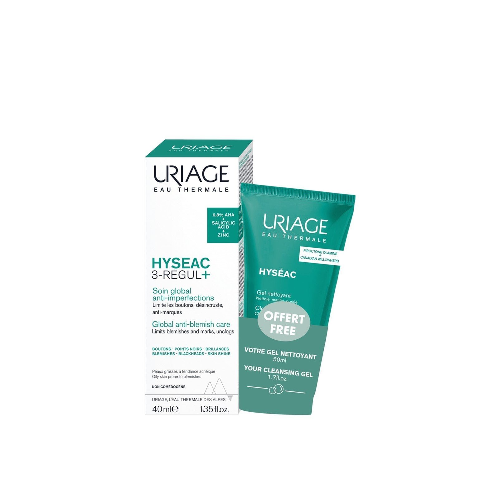 Uriage Hyseac 3-Regul+ Global Anti-Blemish Care 40ml + Cleansing Gel 50ml