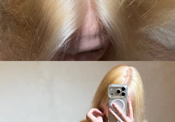Light blonde hair with a silvery tone, smooth texture and even color from roots to ends. review