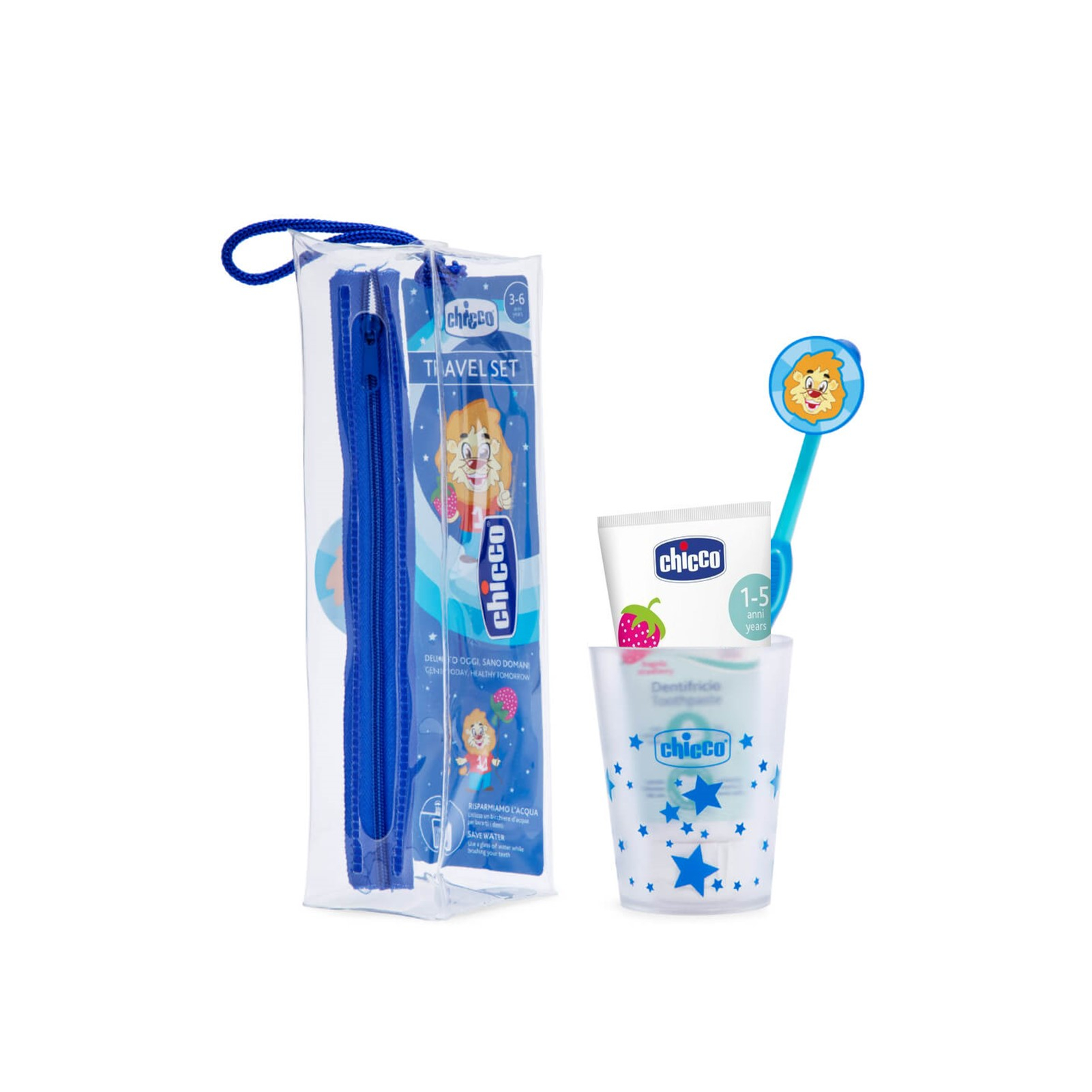Chicco - Set cepillo de viaje: cepillo d edientes + pasta + estuche + vaso,  color azul